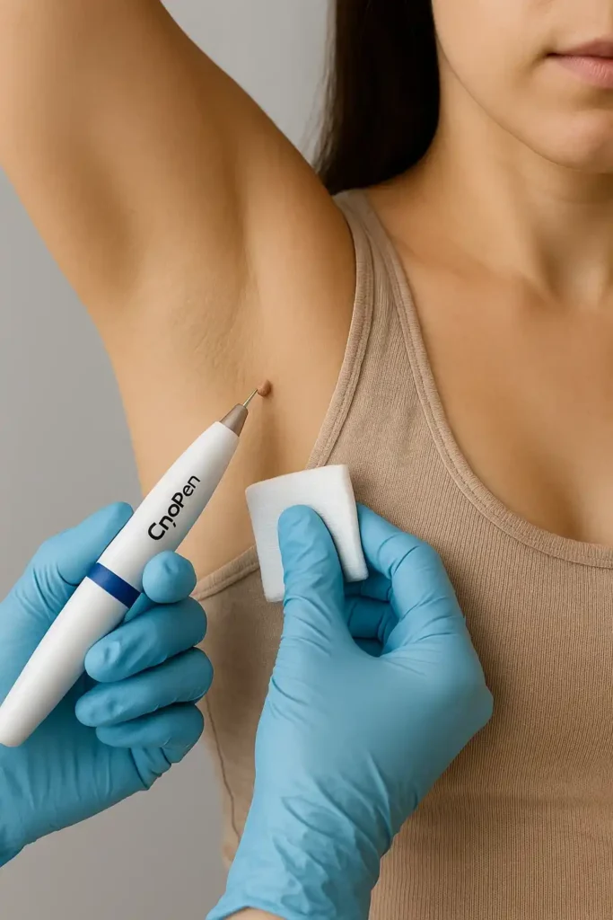 woman having cryopen to remove underarm skin tags Northwood